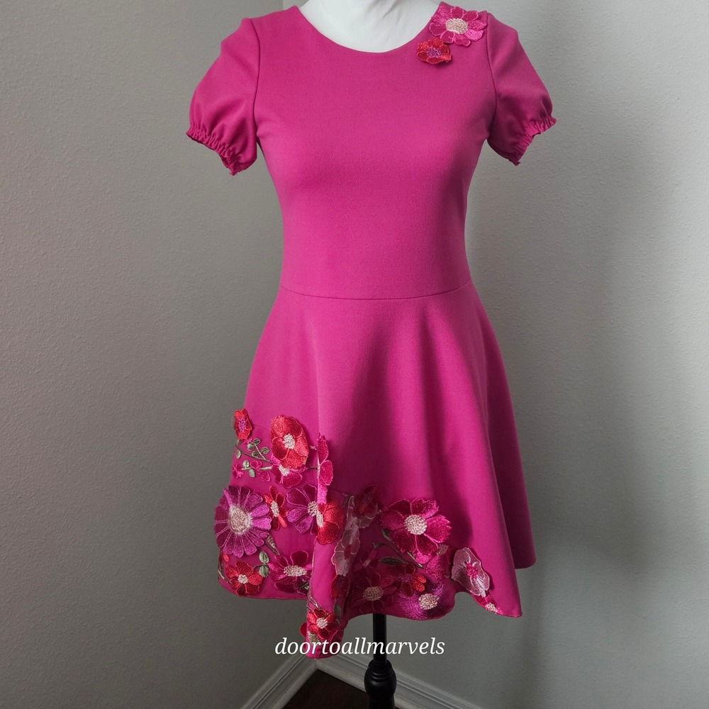 Zoe Ltd Girl sz 16 Fuchsia Fit & Flare Dress 3D Floral Embroidery Party Occasion